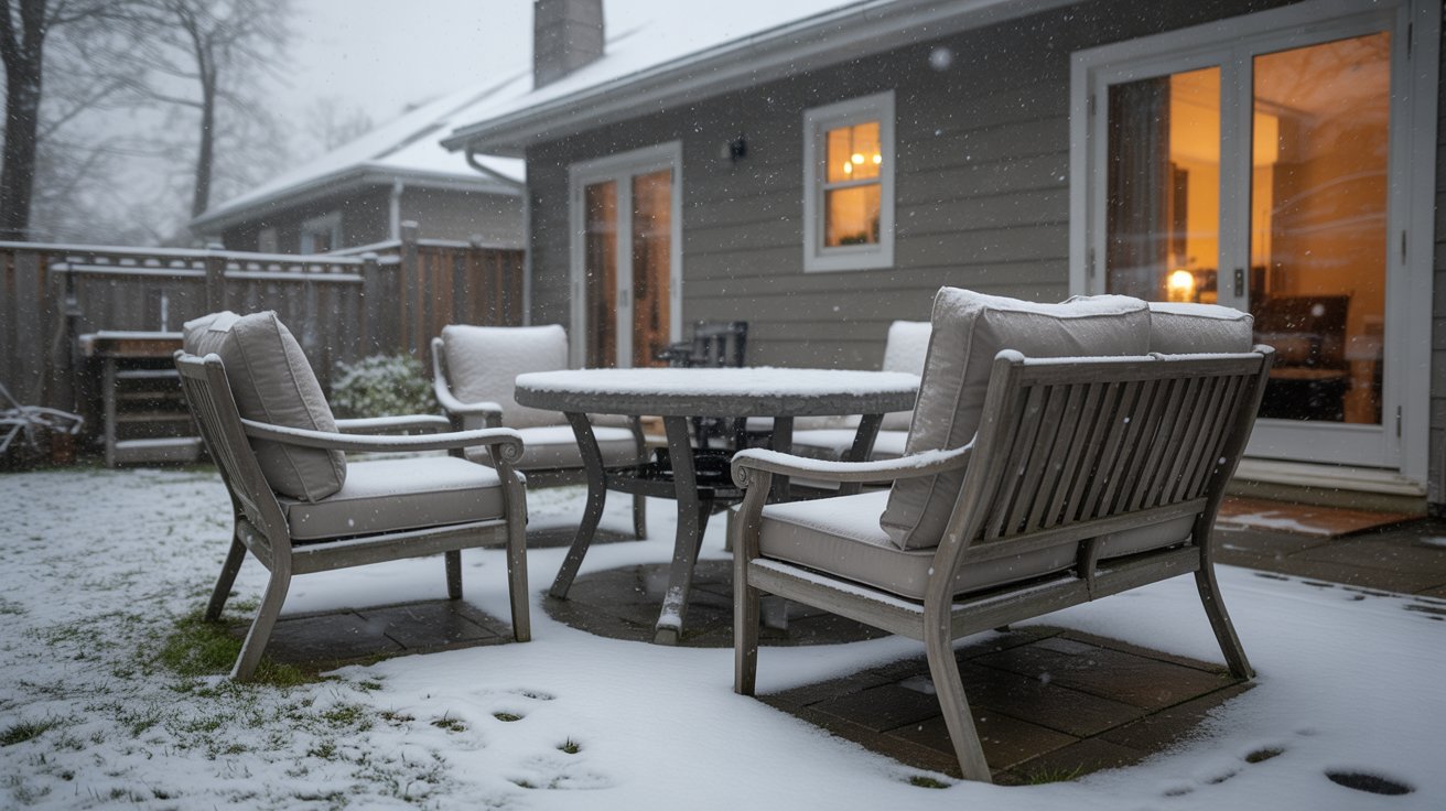 Outdoor furniture left uncovered in a backyard during winter with snow falling