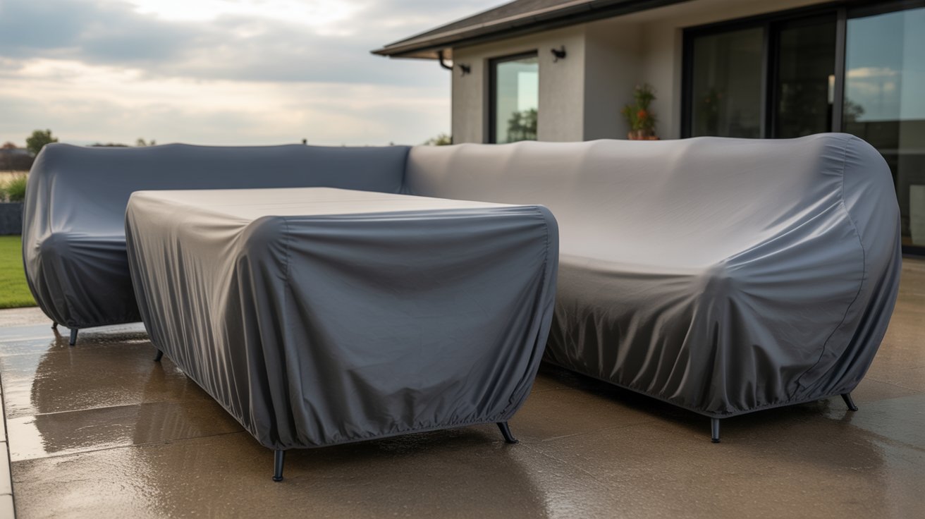 Custom shape covers fitted on outdoor furniture showing precise protection in a backyard setting