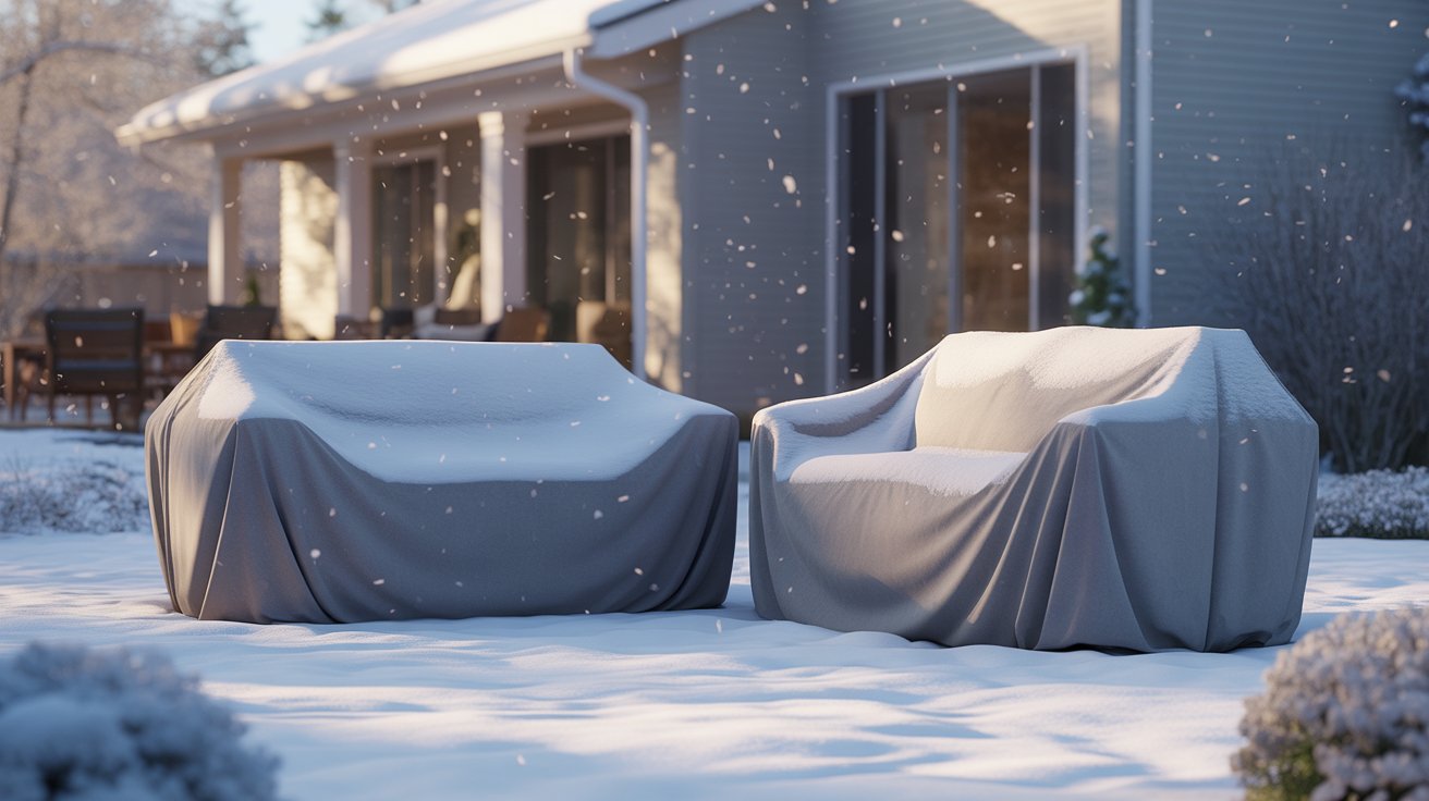 Outdoor furniture covered in a backyard during winter with snow falling for weather protection