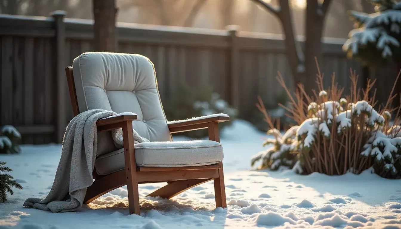 Outdoor chair with cushion placed in a snowy backyard during winter