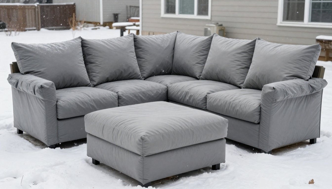 Outdoor cushions wrapped in fitted cushion covers in a snowy backyard during winter