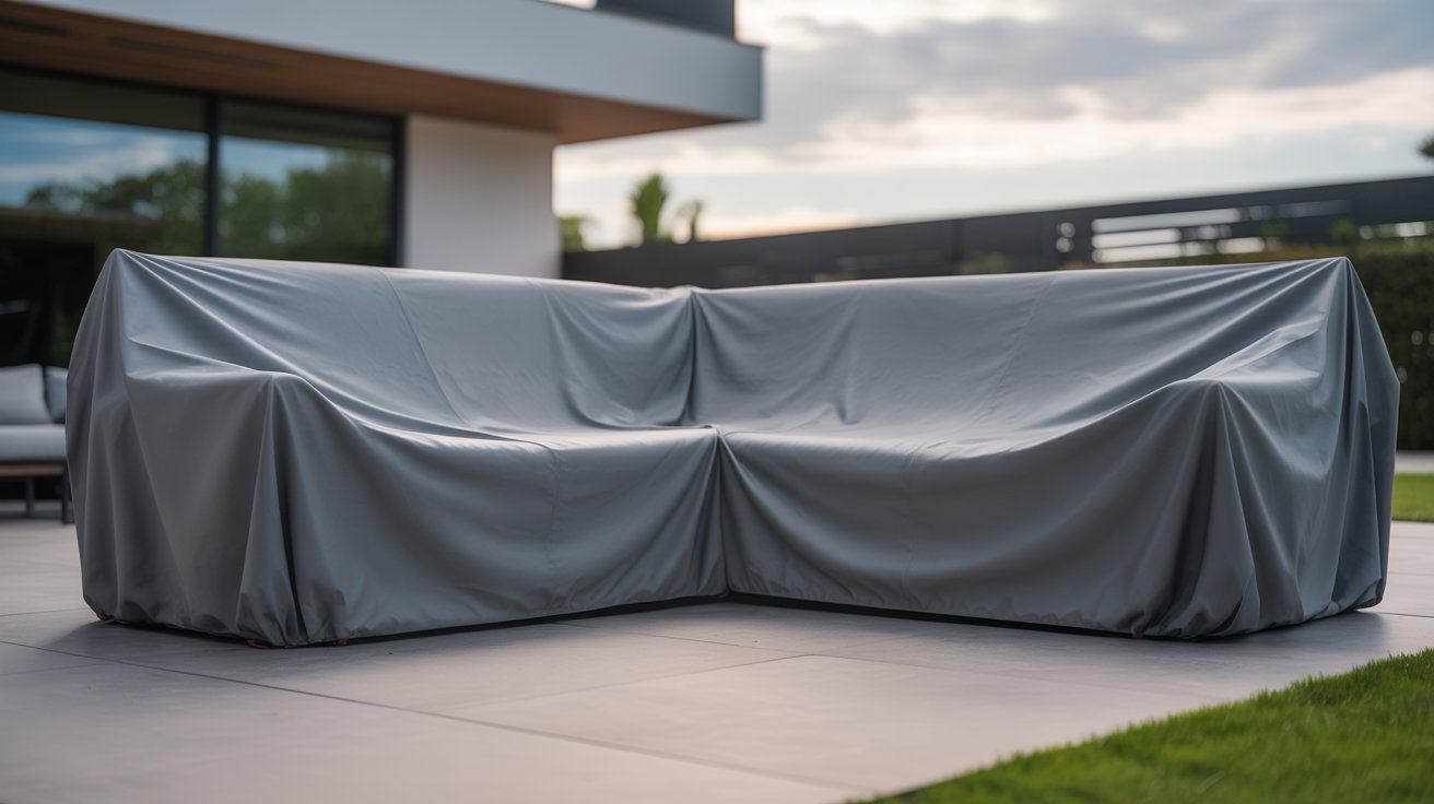 Custom outdoor sofa cover fitted on an L-shaped patio sectional sofa with secure corner alignment