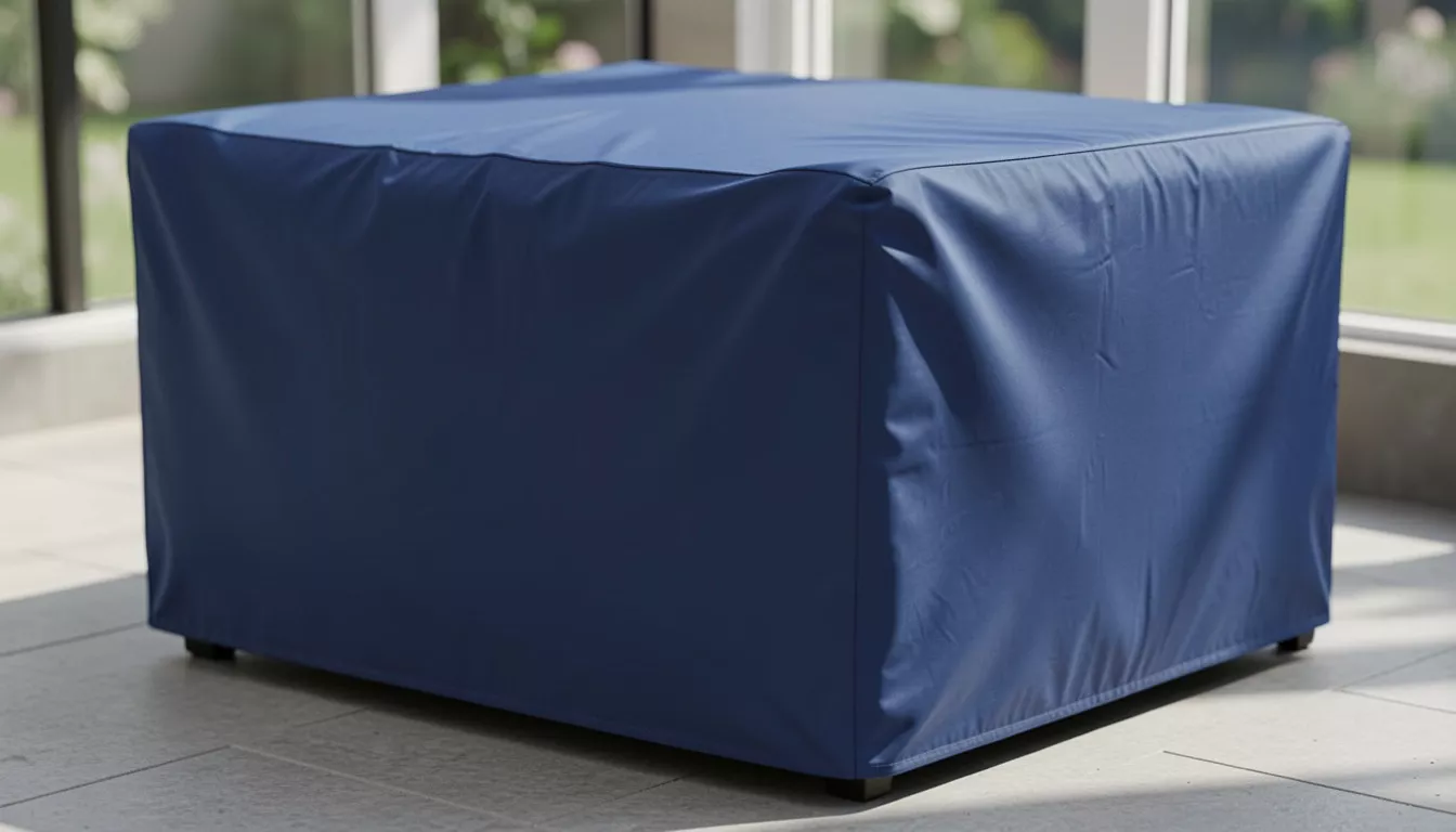 Navy blue custom-fit outdoor furniture cover snugly fitted over a rectangular patio table with clean edges and no sagging