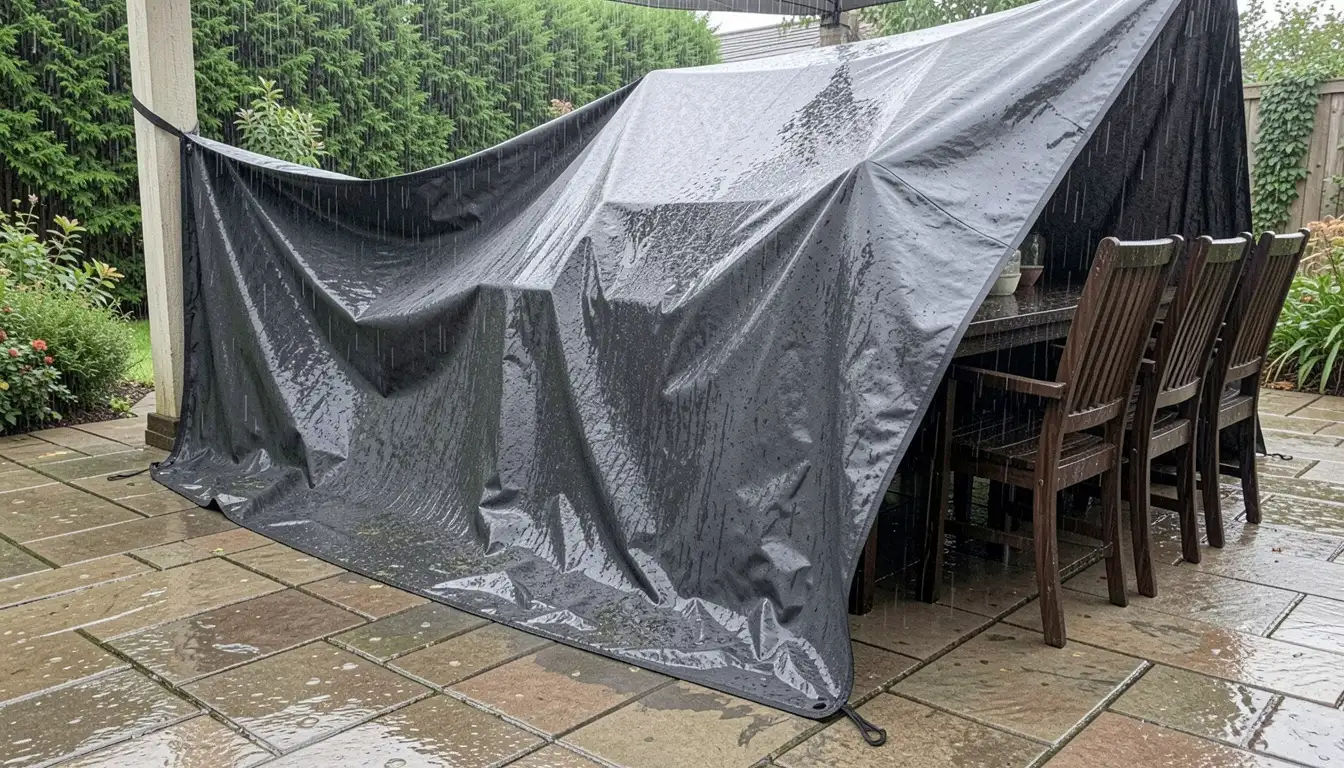 Ill-fitting standard furniture cover sliding off a patio dining set during rain, exposing wooden chairs and table while loose fabric sags and pools water on a backyard patio