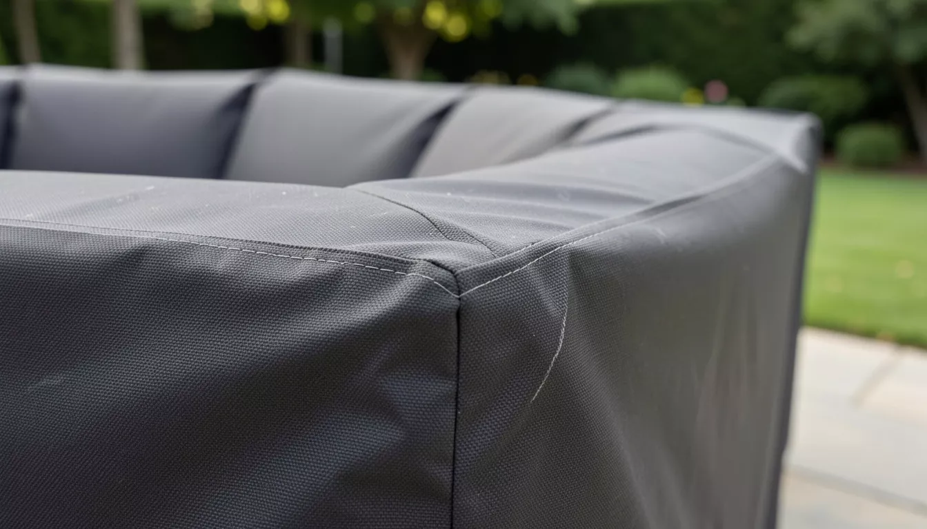 Close-up of custom shape outdoor furniture cover with reinforced corner stitching and snug fit