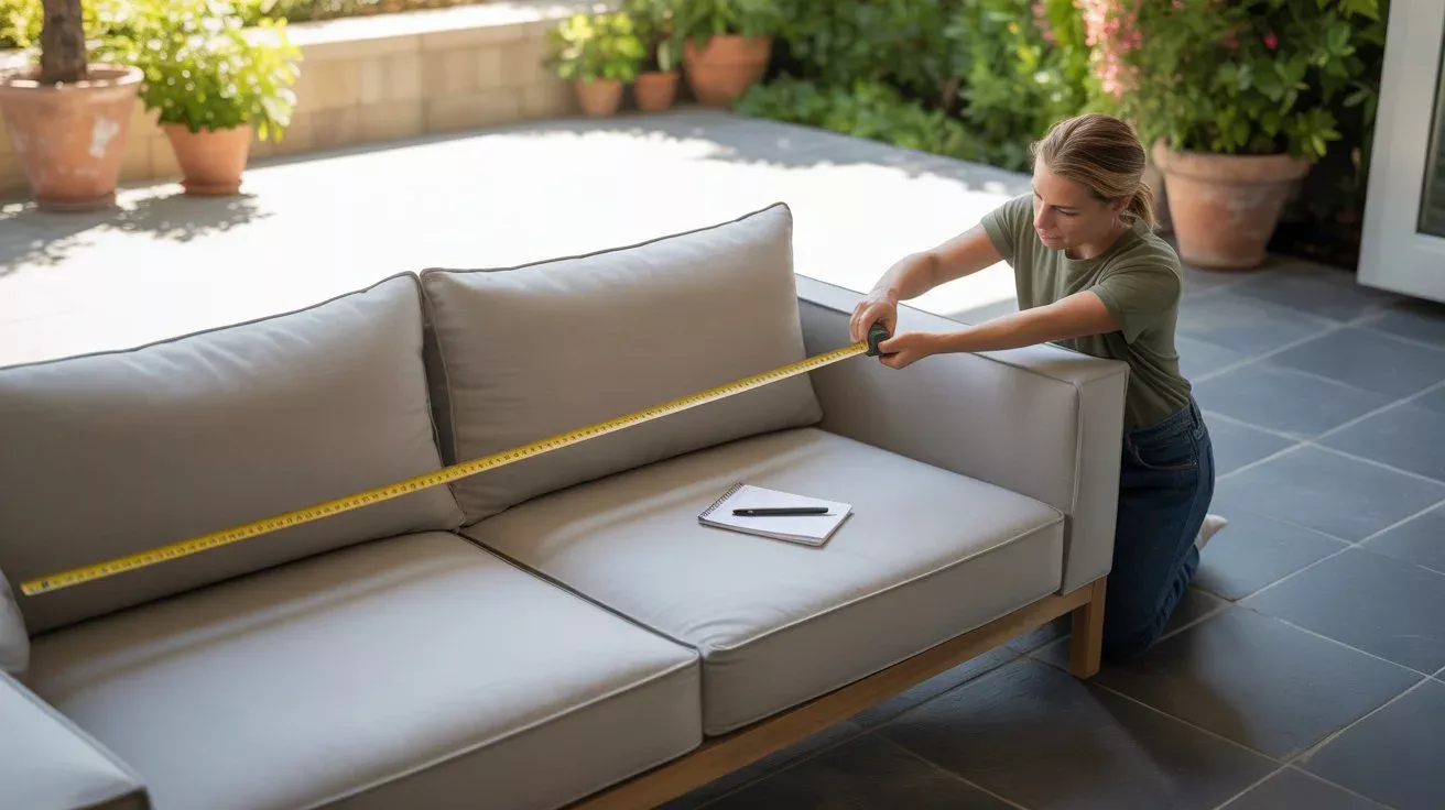 Homeowner measuring the width of an outdoor sofa with a tape measure to find the right custom cover size